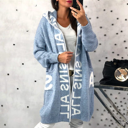 Damen Langarm-Strickcardigan mit Kapuze und praktischen Taschen R&B