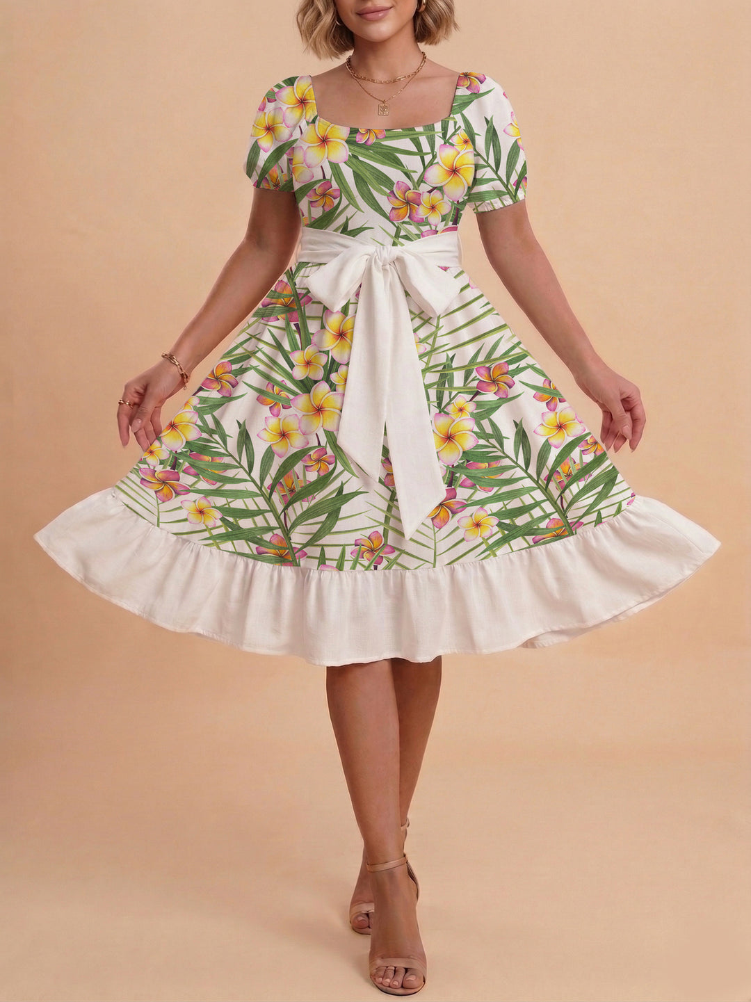 Damen elegantes Maxikleid mit floralem Design und Taillengürtel R&B