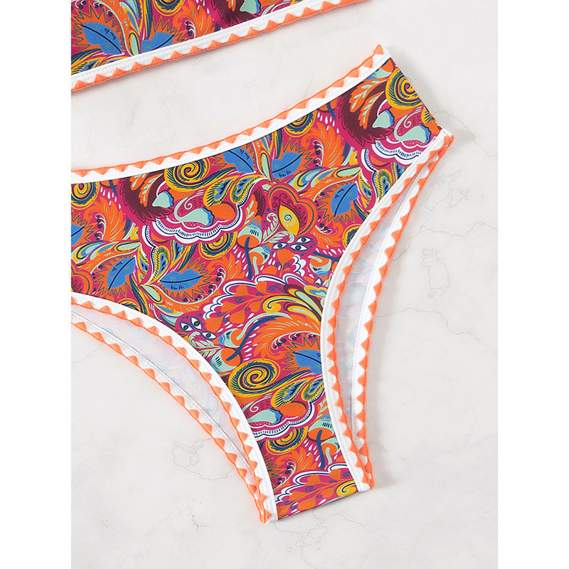 Damen Bandeau-Bikini mit buntem Psychedelic-Design und eleganten Rüschen R&B