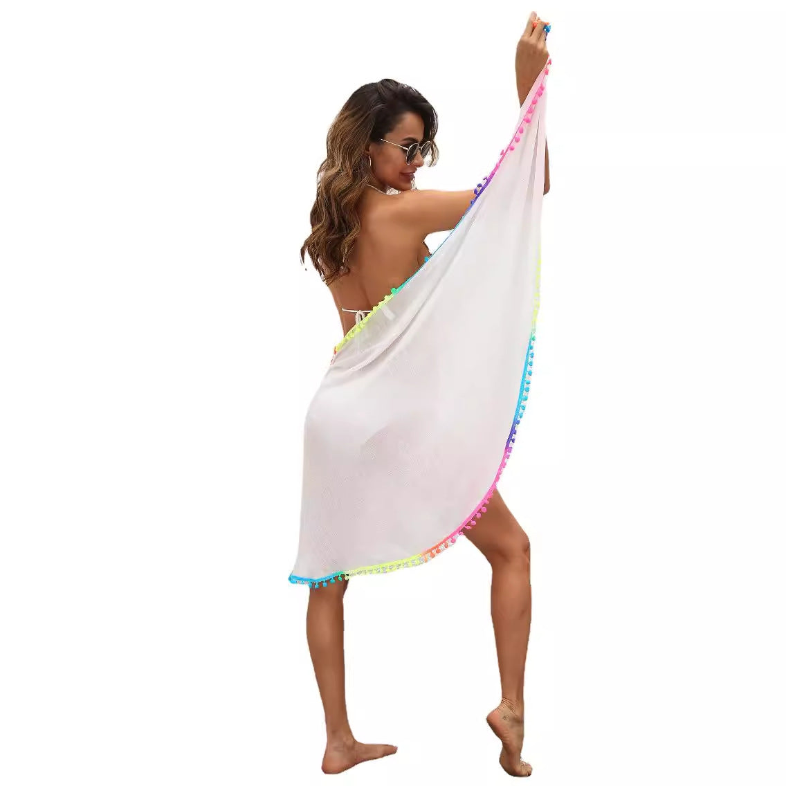 Damen eleganter Strandüberwurf mit buntem Pompon-Rand R&B