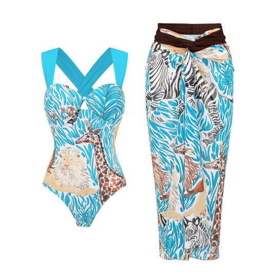 Damen Einteiler Badeanzug mit tierischem Print und eleganter Taillierung R&B