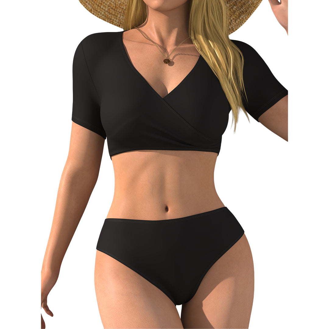 Damen Bikini-Oberteil mit Wickelschnitt und kurzen Ärmeln R&B