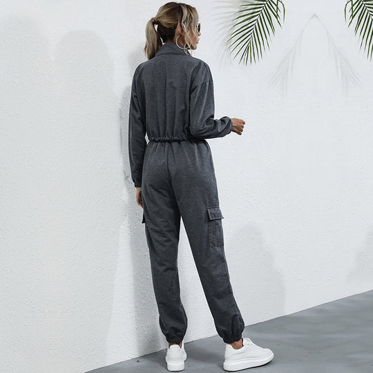 Damen Freizeit-Jumpsuit mit halbem Reißverschluss und praktischen Taschen R&B