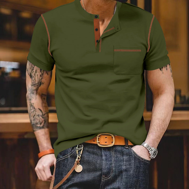 Herren modisches Kurzarm-Henley-Shirt mit kontrastierenden Akzenten und praktischer Brusttasche R&B