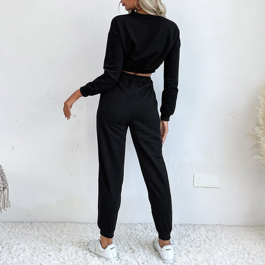 Damen Lässiger zweiteiliger Jogginganzug mit cropped Oberteil und flexibler Taille R&B
