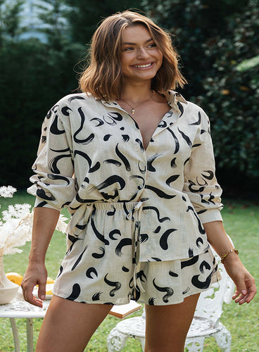 Damen luftiges Pyjama-Set mit kreativem Muster und elastischem Bund R&B