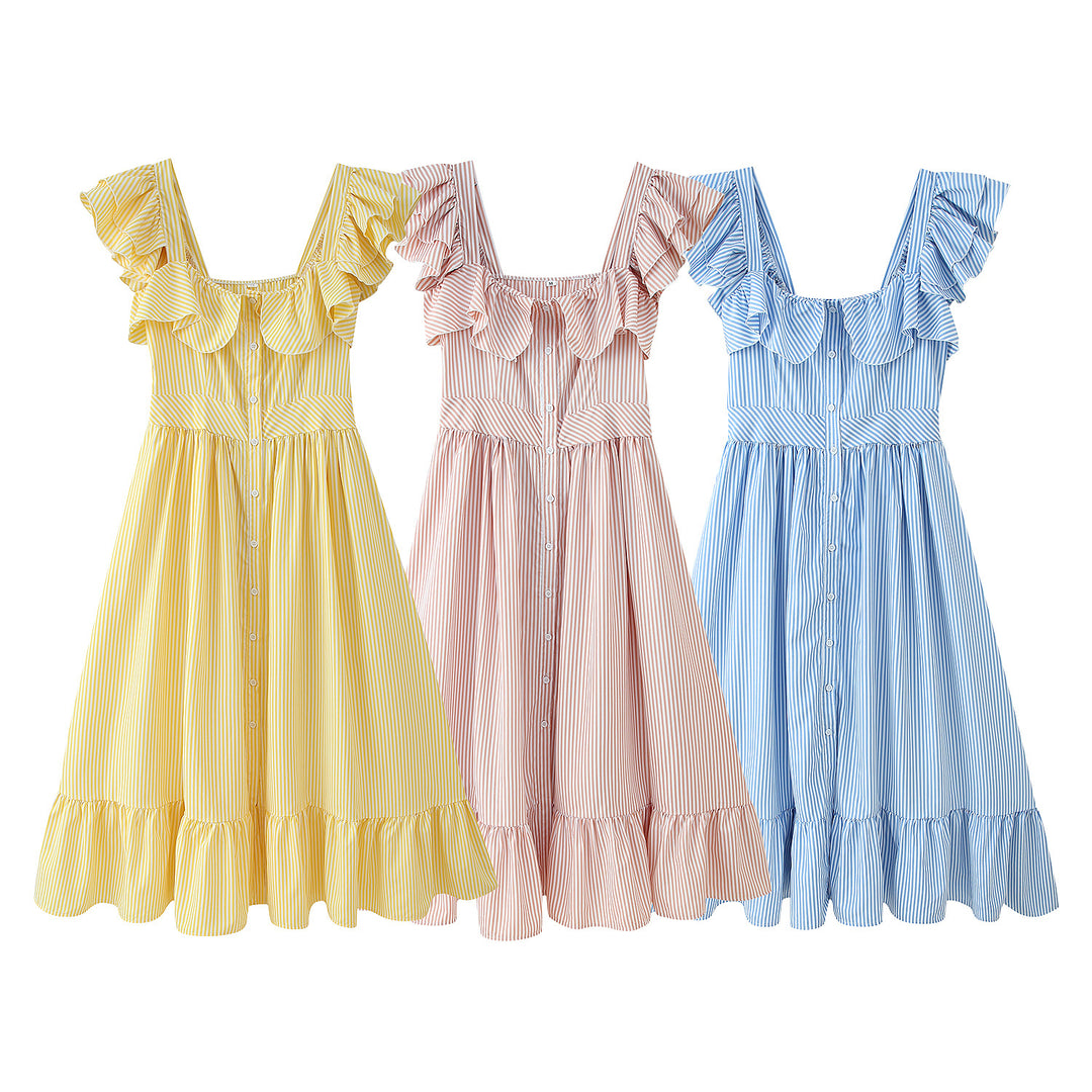 Damen Rüschensommerkleid mit Knopfdetails und weitem Rock R&B