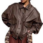 Damen Oversized Kunstlederjacke mit dekorativen Taschen und modischer Schnürung R&B