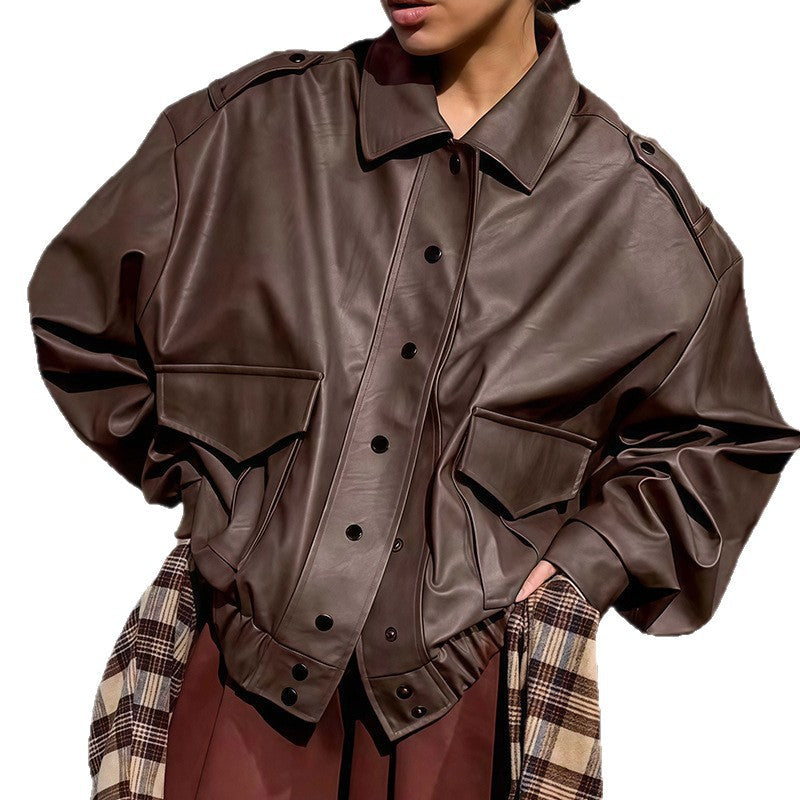 Damen Oversized Kunstlederjacke mit dekorativen Taschen und modischer Schnürung R&B