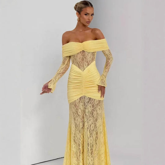 Damen Elegantes Langarm-Spitzenkleid mit Raffungen und schulterfreiem Design R&B