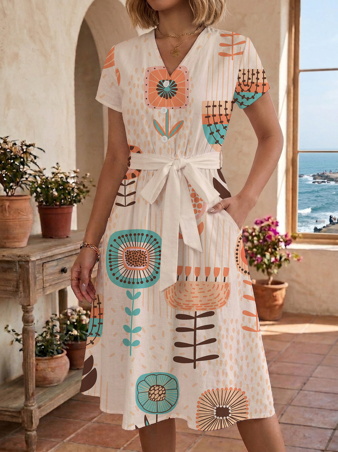 Damen Midikleid mit farbenfrohem Blumendesign und taillierbarem Bindegürtel R&B