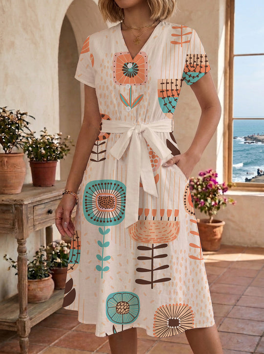 Damen Midikleid mit farbenfrohem Blumendesign und taillierbarem Bindegürtel R&B