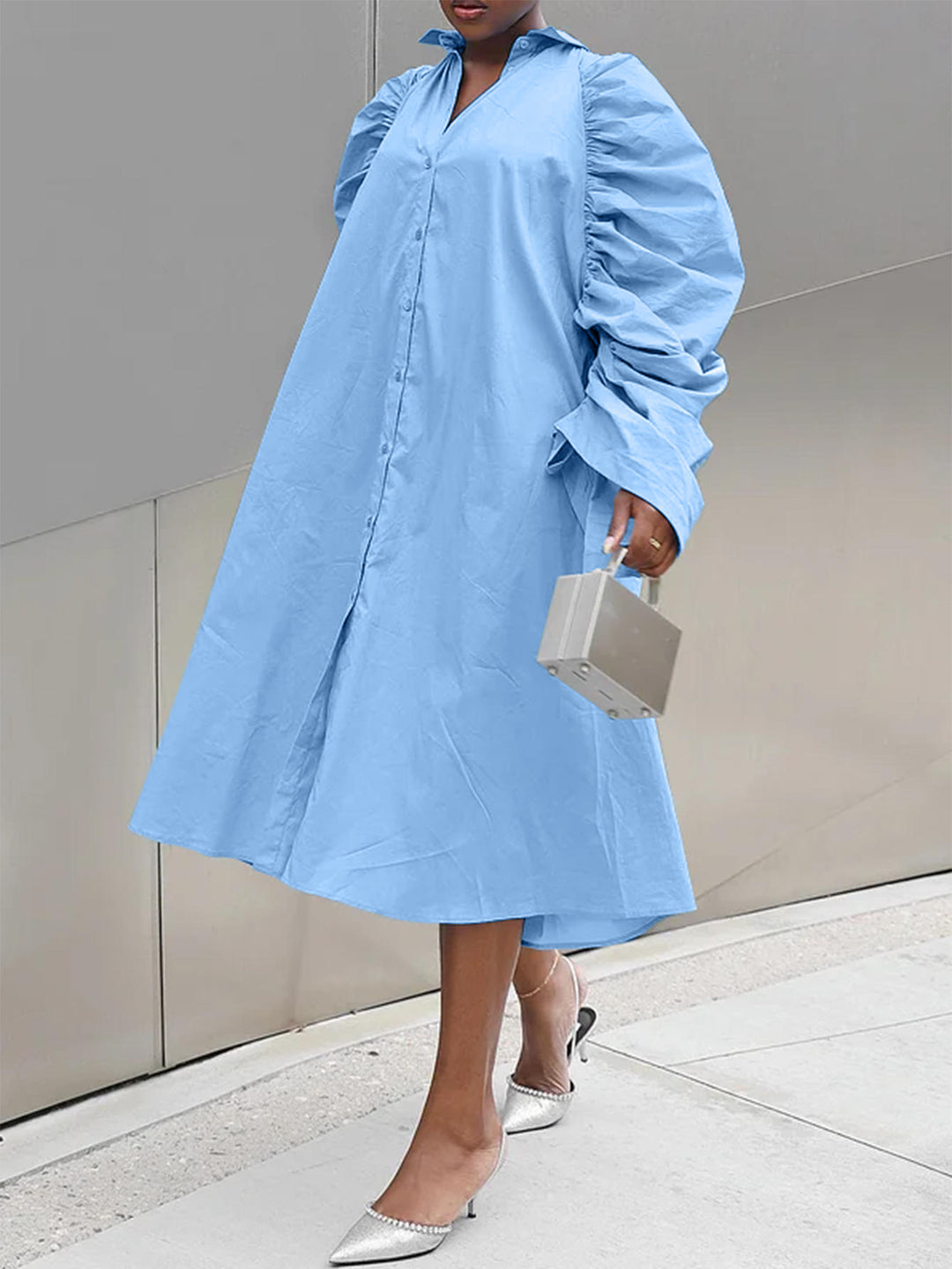 Damen Hemdblusenkleid mit voluminösen Puffärmeln und eleganter Knopfleiste R&B