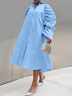 Damen Hemdblusenkleid mit voluminösen Puffärmeln und eleganter Knopfleiste R&B