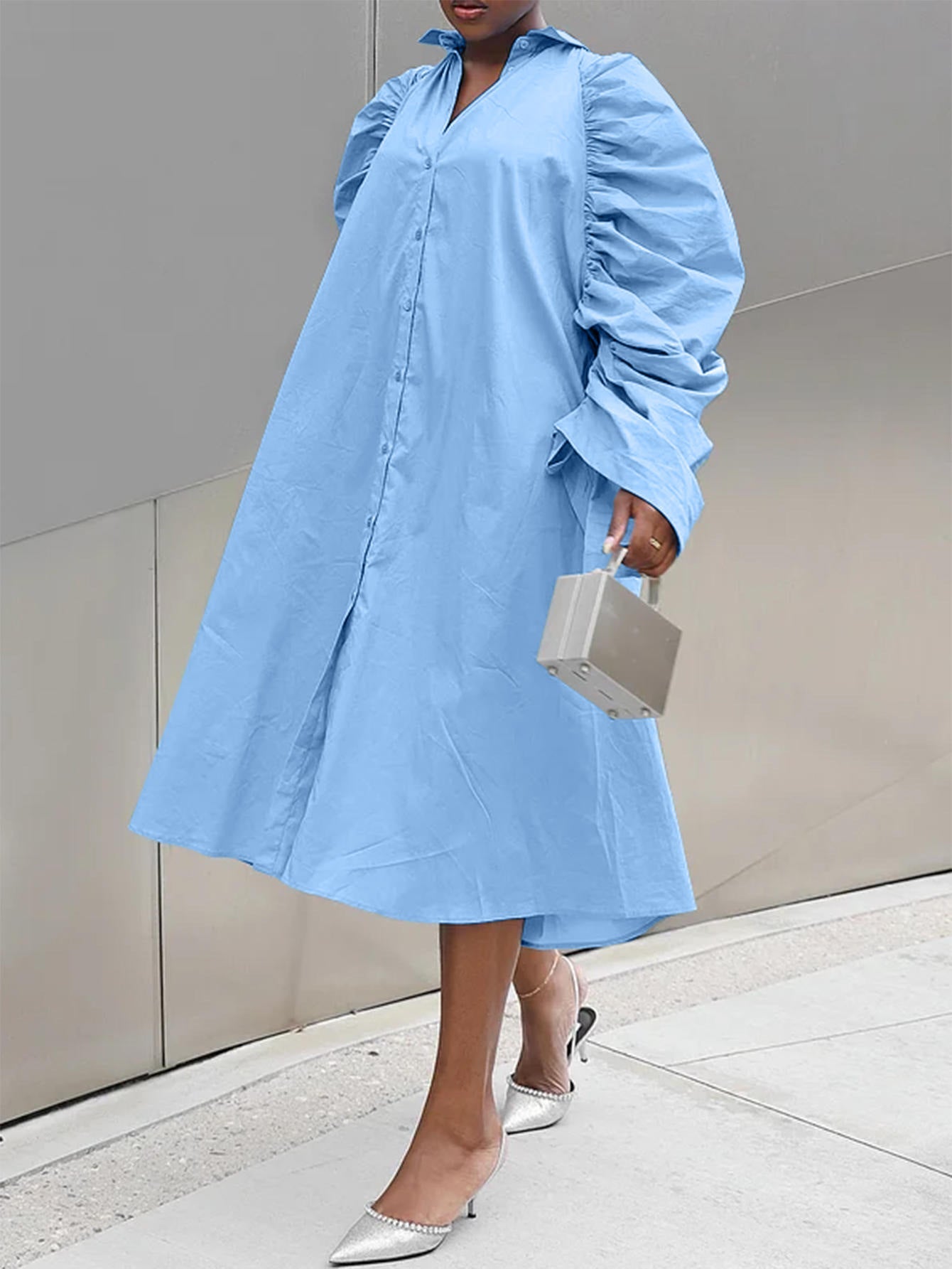 Damen Hemdblusenkleid mit voluminösen Puffärmeln und eleganter Knopfleiste R&B