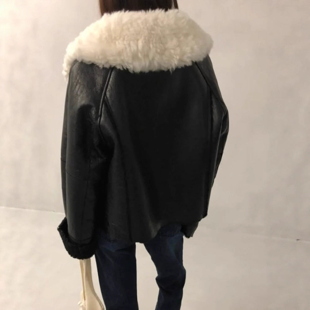 Damen luxuriöse Kunstlederjacke mit weichem Pelzkragen R&B