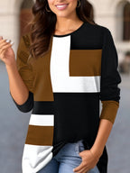 Damen nan geometrisches Colorblock Longsleeve-Tunika-Oberteil mit Rundhalsausschnitt und asymmetrischem Saum R&B