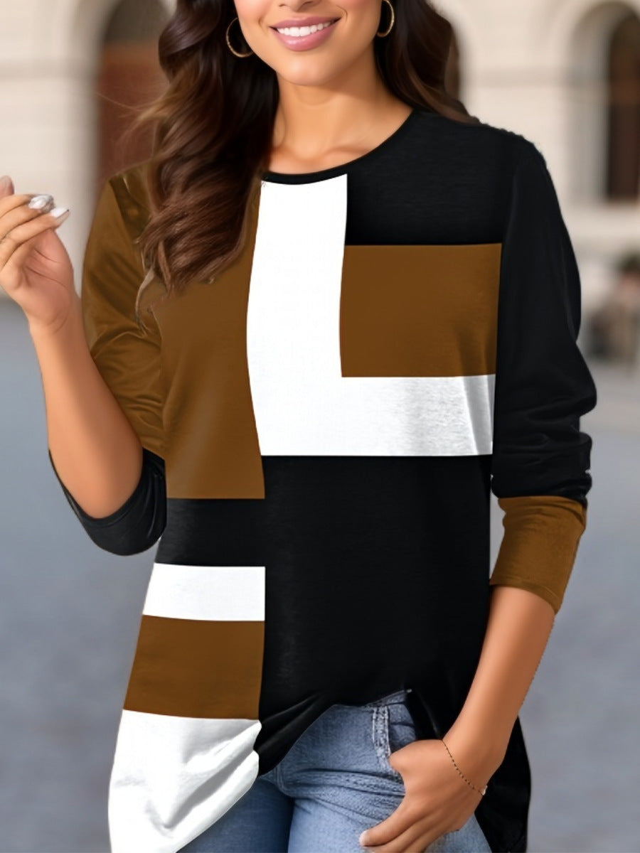 Damen nan geometrisches Colorblock Longsleeve-Tunika-Oberteil mit Rundhalsausschnitt und asymmetrischem Saum R&B