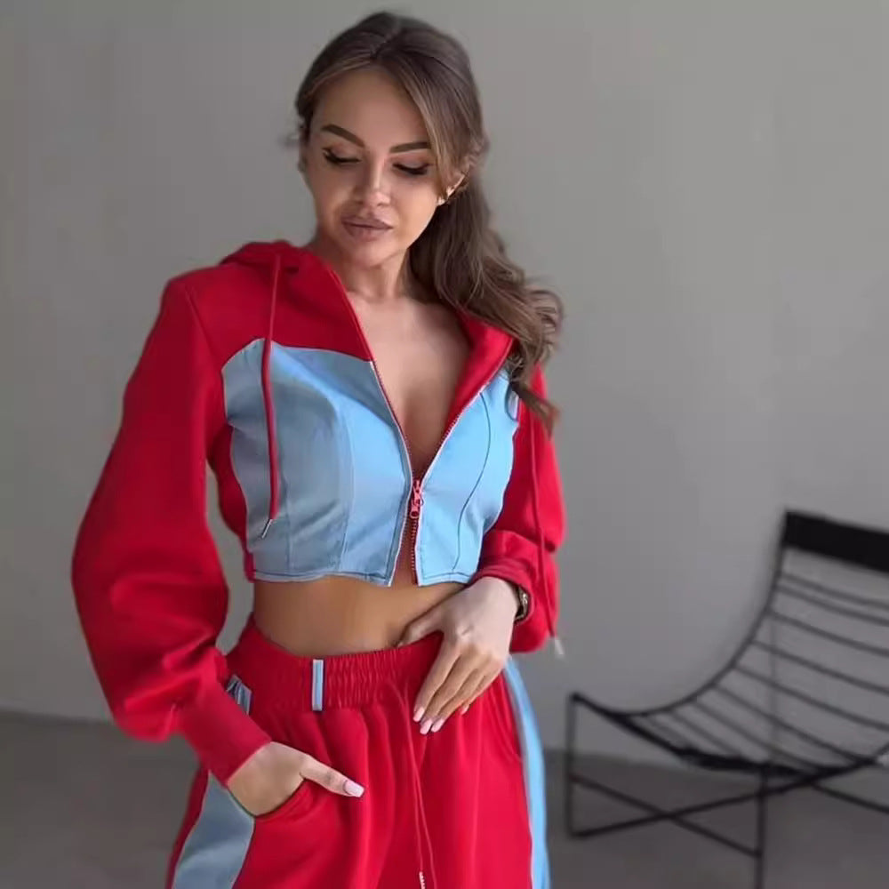 Damen sportliches Set mit cropped Kapuzenjacke und weitem Hosen R&B