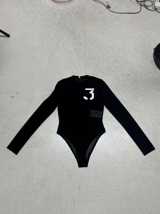 Damen eleganter Body mit transparenten Akzenten und Langarm R&B