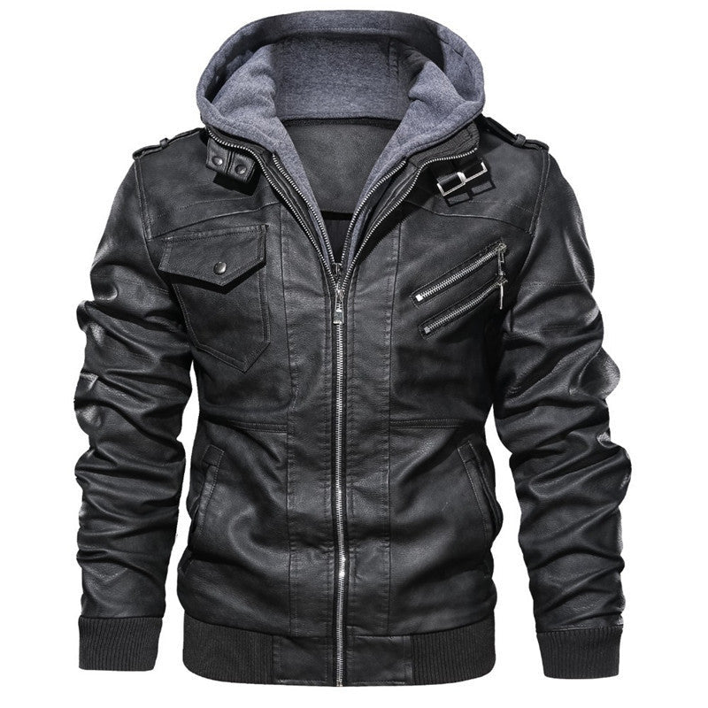 Herren Kunstlederjacke mit abnehmbarer Kapuze und stylischen Taschen