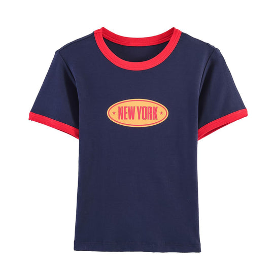 Damen modisches T-Shirt mit kontrastierenden Ärmeln und aufgedrucktem Schriftzug R&B