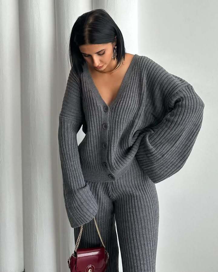 Damen Strick-Loungewear-Set mit weiten Ärmeln und Knopfleiste R&B