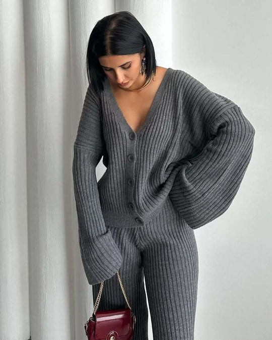 Damen Strick-Loungewear-Set mit weiten Ärmeln und Knopfleiste R&B