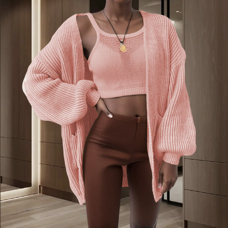 Damen Großer Strickjacke mit voluminösen Ärmeln und praktischen Taschen R&B