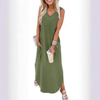 Damen Maxi-Kleid mit modernem V-Ausschnitt und praktischem Taschendesign R&B