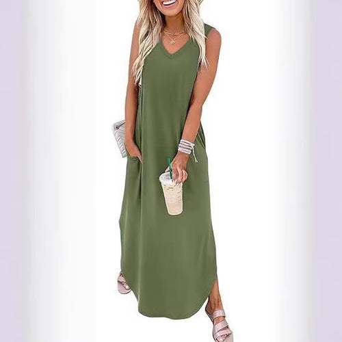 Damen Maxi-Kleid mit modernem V-Ausschnitt und praktischem Taschendesign R&B