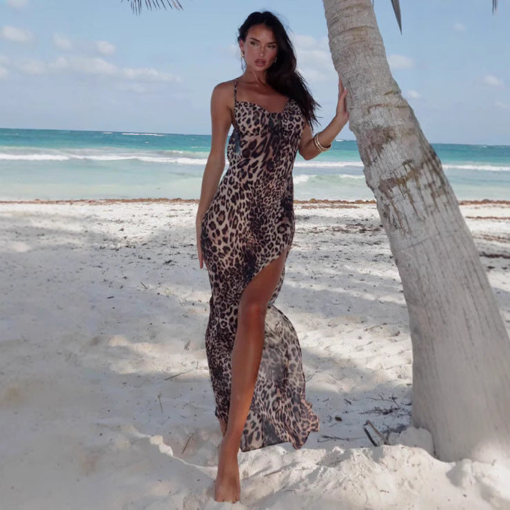 Damen Maxikleid mit Leopardenmuster und tiefem Schlitz R&B