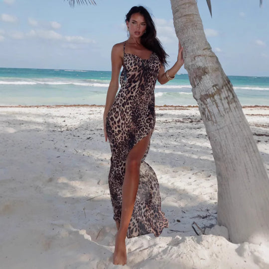 Damen Maxikleid mit Leopardenmuster und tiefem Schlitz R&B