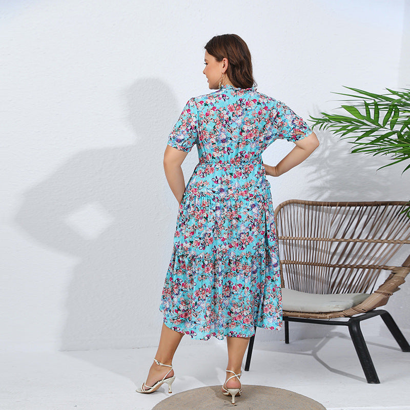 Damen Midikleid mit floralen Rüschendetails und elastischem Taillenbund R&B