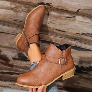 Damen modische Schnürstiefeletten mit dekorativem Riemen und robustem Reißverschluss R&B