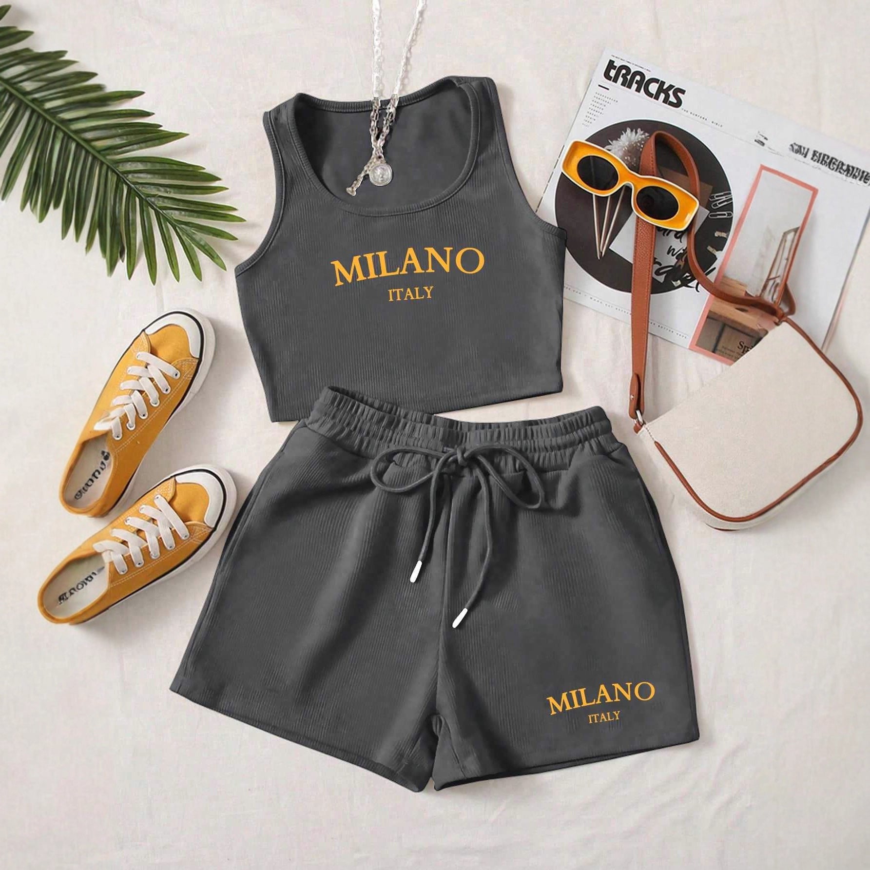 Damen Sportliches Zweiteiler Set mit Top und Shorts R&B
