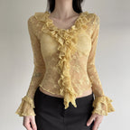 Damen Elegant verziertes Langarmoberteil aus Spitze mit Rüschen