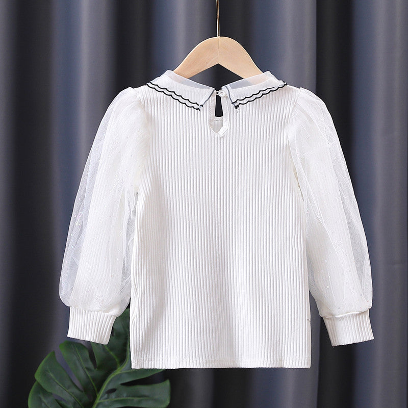 Mädchen Bluse mit transparenter Puffärmel und besticktem Kragen R&B