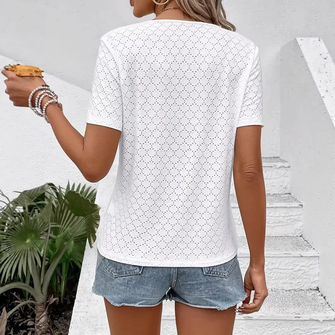 Damen V-Ausschnitt Kurzarm Shirt mit strukturiertem Design R&B