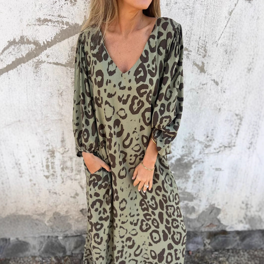 Damen Langarm Maxikleid mit Animal-Print und praktischen Taschen R&B