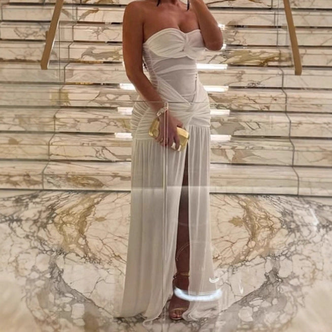 Damen Elegantes Strapless Maxikleid mit Rüschendetails und hohem Schlitz R&B