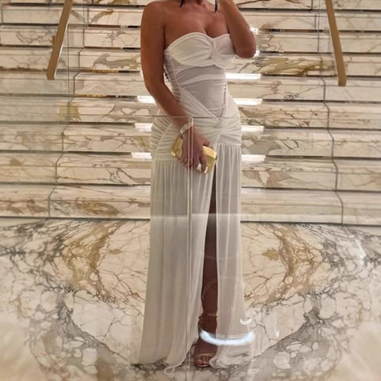Damen Elegantes Strapless Maxikleid mit Rüschendetails und hohem Schlitz R&B