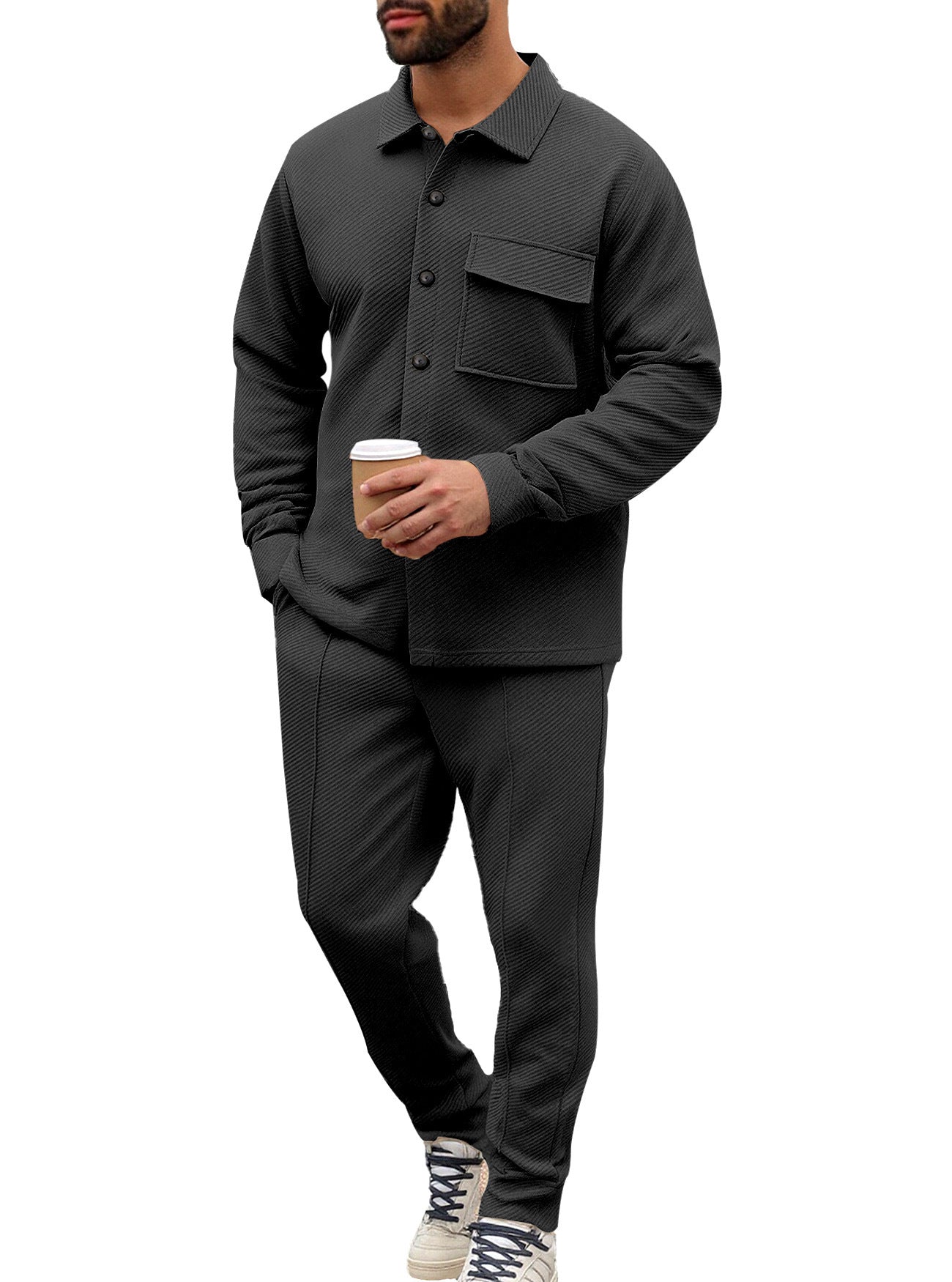 Herren nan Hemdenjacke-Set mit aufgesetzter Klappentasche und konischer Komforthose R&B