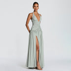 Damen Maxikleid mit tiefem V-Ausschnitt und seitlichem Schlitz R&B