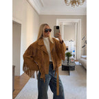 Damen Wildlederjacke mit Fransen und großzügigen Ärmeln R&B