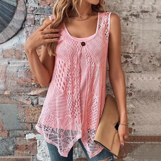 Damen nan zweilagiges Häkel-Overlay mit Jersey-Innentop, Ein-Knopf-Verschluss und asymmetrischem Zipfelsaum R&B