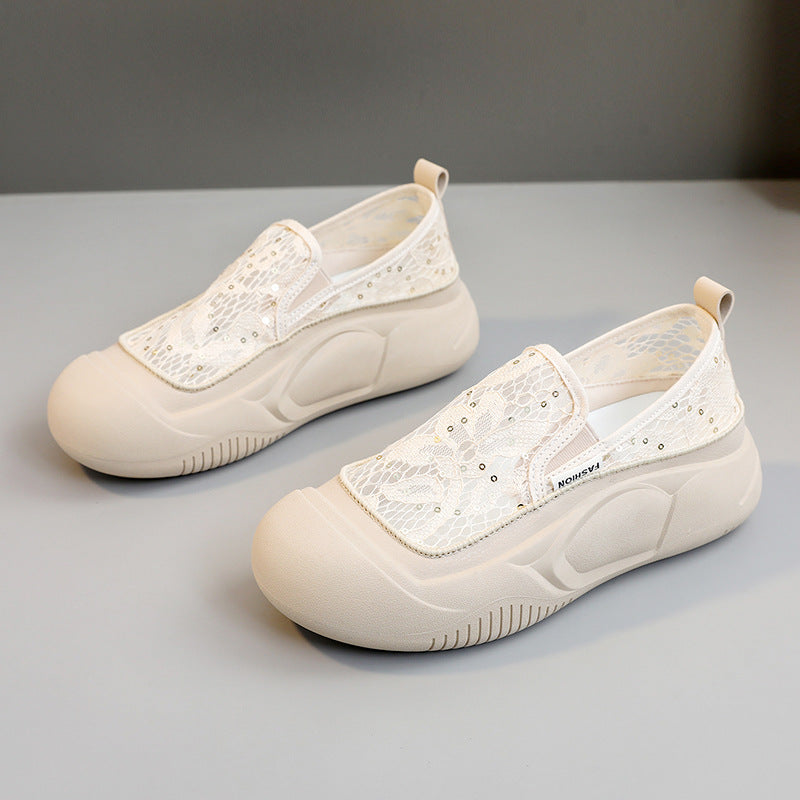 Damen bequeme Slip-On Sneakers mit luftiger Spitze und elastischem Riemen R&B