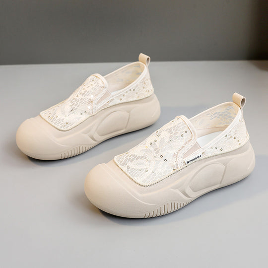 Damen bequeme Slip-On Sneakers mit luftiger Spitze und elastischem Riemen R&B