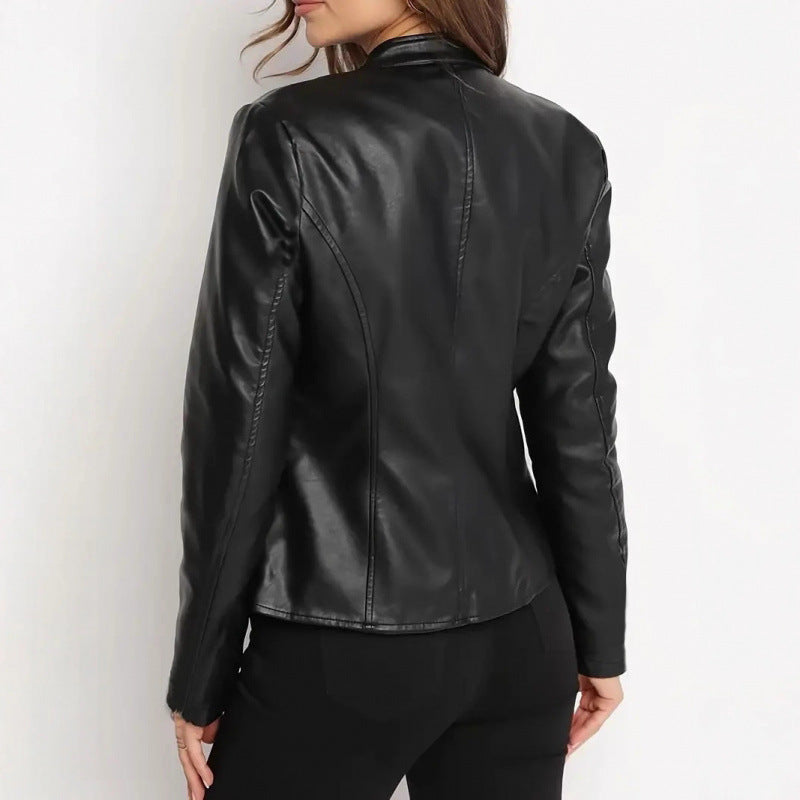 Damen Kunstlederjacke mit Stehkragen und asymmetrischem Reißverschluss