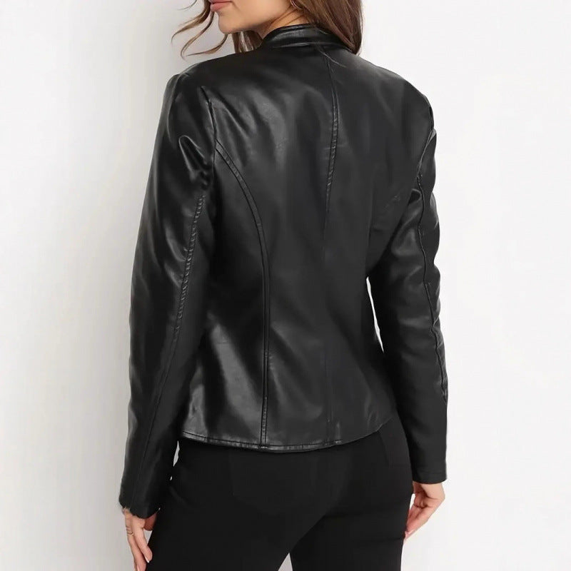 Damen Kunstlederjacke mit Stehkragen und asymmetrischem Reißverschluss